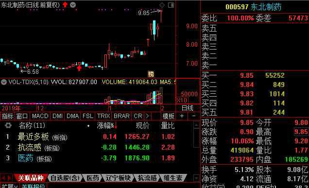 000597东北制药股票 抗流感板块大幅分化 东北制药涨停