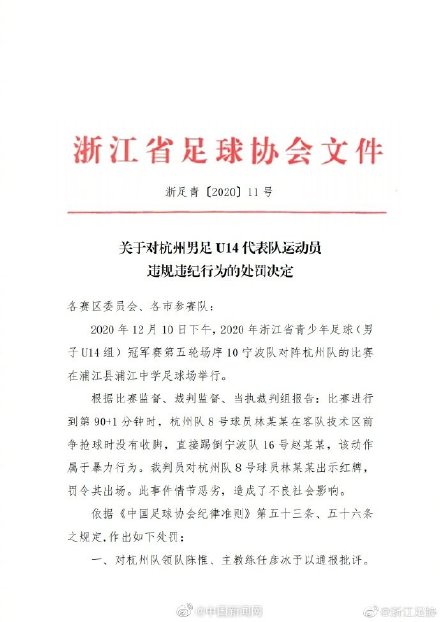 青少年比赛中出现暴力踹人事件 浙江足协对飞踹球员禁赛一年