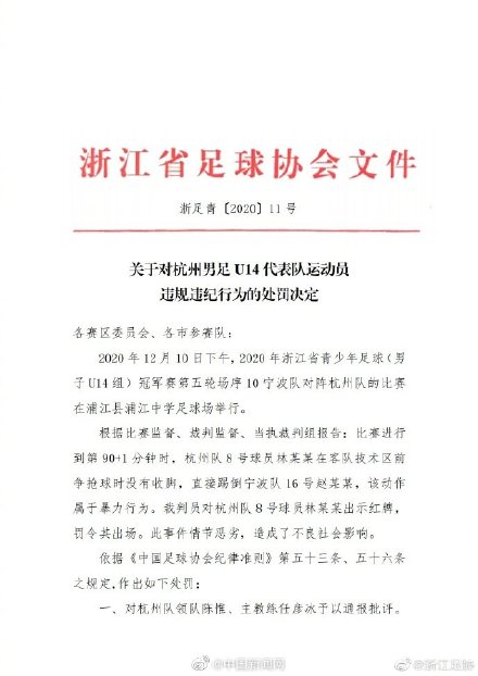 青少年比赛中出现暴力踹人事件 浙江足协对飞踹球员禁赛一年