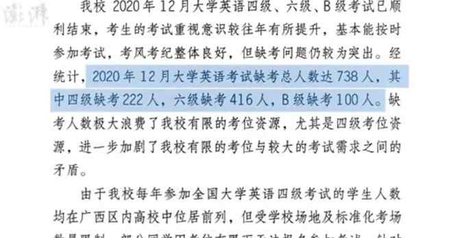 广西一高校英语四六级638人缺考 校方：极大浪费考位资源