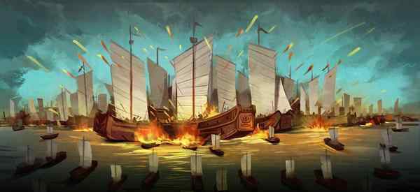 火烧连环船 真正的赤壁之战，火烧连环船并不是孙刘杰作，而是曹操亲手烧掉的