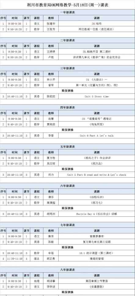 八年级网课 5月18-22日，利川一至八年级网课课表！请查收！