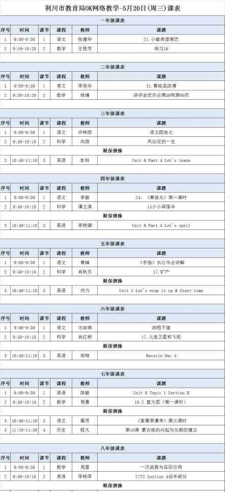 八年级网课 5月18-22日，利川一至八年级网课课表！请查收！