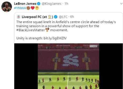 ynwa 你永远不会独行！利物浦全队声援致死黑人，詹姆斯转发：YNWA