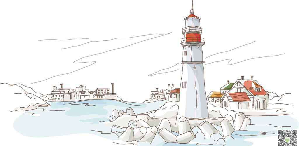 灯塔简笔画 海边风景港湾灯塔手绘简笔画-海上的灯塔