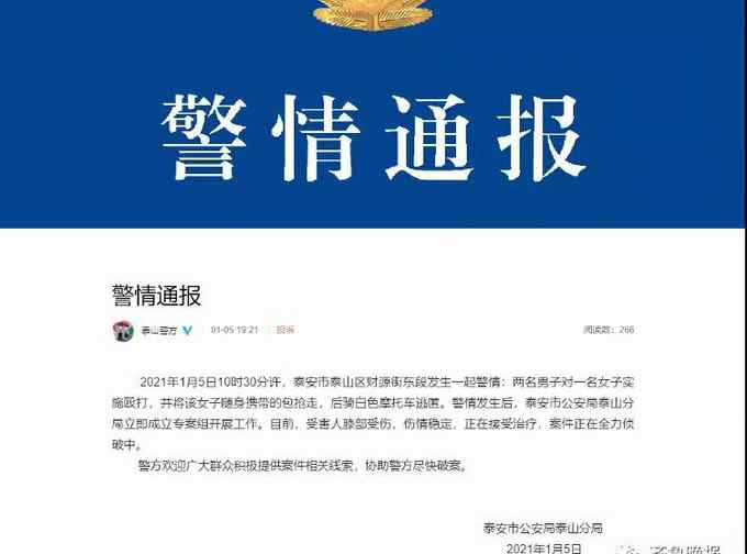 山东两男子当街抢劫殴打女子 警方发布警情通报 网友：太猖狂！