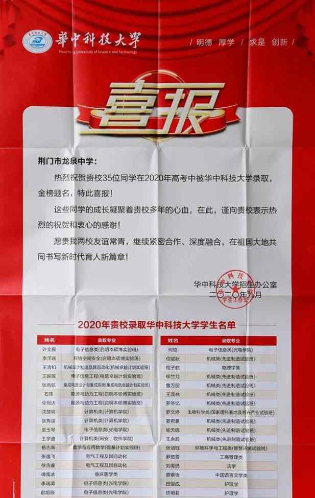 荆门龙泉中学 35人考取华中科技大学！同济、吉大等名校给荆门龙泉中学发来高考喜报！