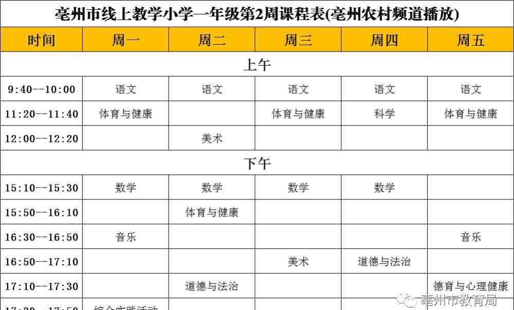 亳州线上教学 亳州中小学线上教学本周课表早知道！