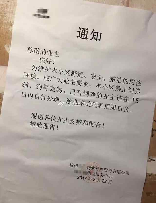 你的管真宽 杭州某物业禁止小区业主养宠物 网友：管的真宽