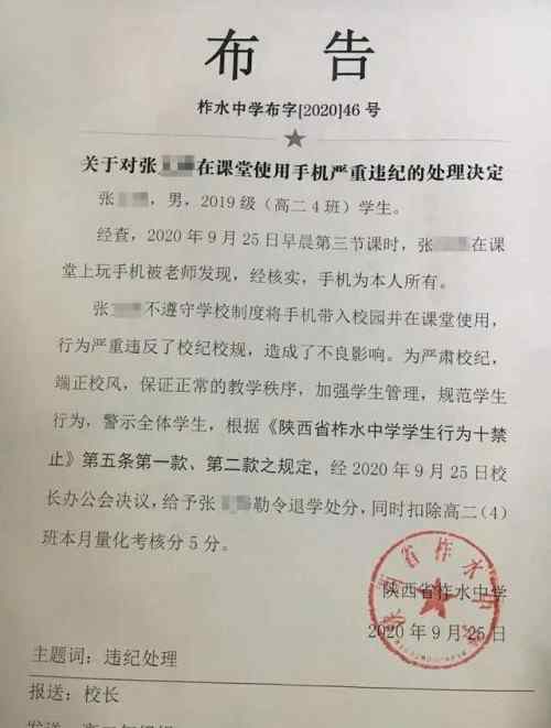 柞水教育网 高中生上课玩手机被退学，学校回应已收回处分，让其回家反思