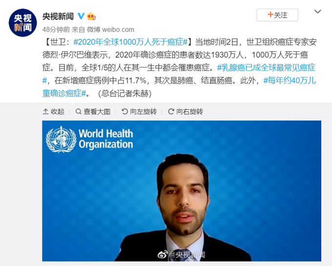世卫：2020年全球1000万人死于癌症 乳腺癌已成全球最常见癌症