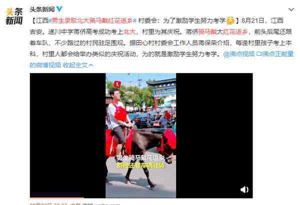 男生骑马戴红花返乡 前后有车队送行