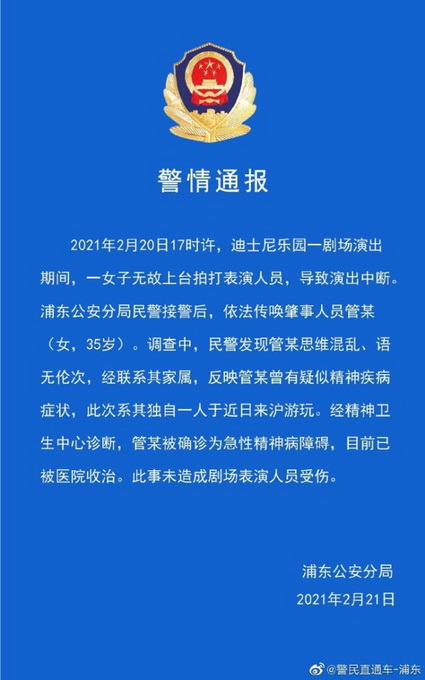 上海迪士尼游客上台殴打表演者 警方通报来了！