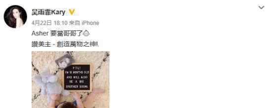 香港歌手吴雨霏宣布怀二胎 大儿子刚满十个月