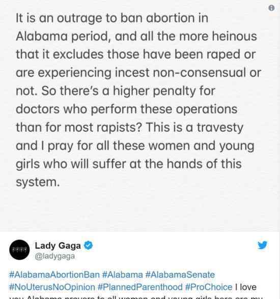 Lady Gaga反对反堕胎法案：禁止堕胎是一种无耻的行为