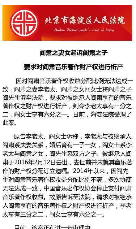 阎肃妻女起诉阎肃儿子 目前此案正在进一步审理中