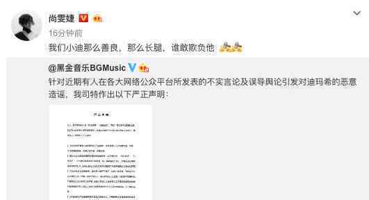 迪玛希发声明斥虚假黑料 获尚雯婕力挺：小迪那么善良