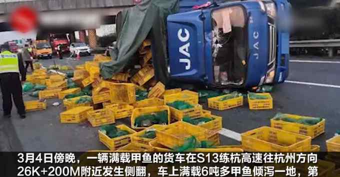 6吨甲鱼散落高速上 司机崩溃：损失大了！