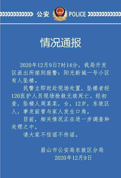 眉山警方通报12岁女孩坠亡 具体是什么情况