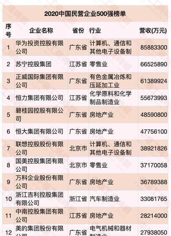 2020中国民营企业500强出炉 前10是哪些企业