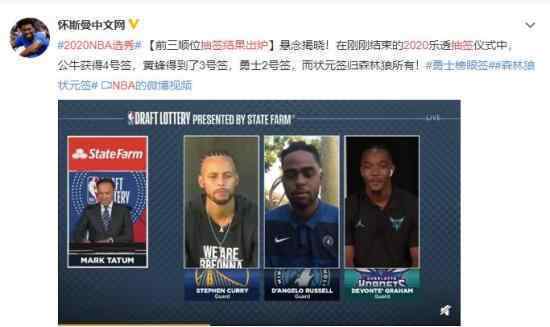 2020NBA选秀抽签结果出炉 前三顺位悬念揭晓