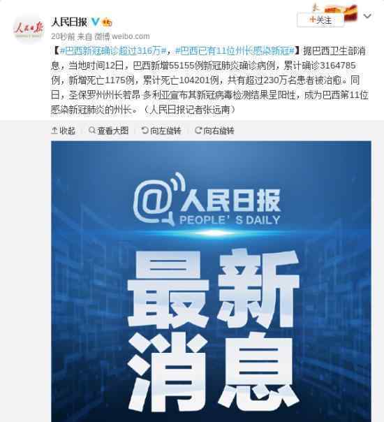 巴西已有11位州长感染新冠 累计死亡病例上万