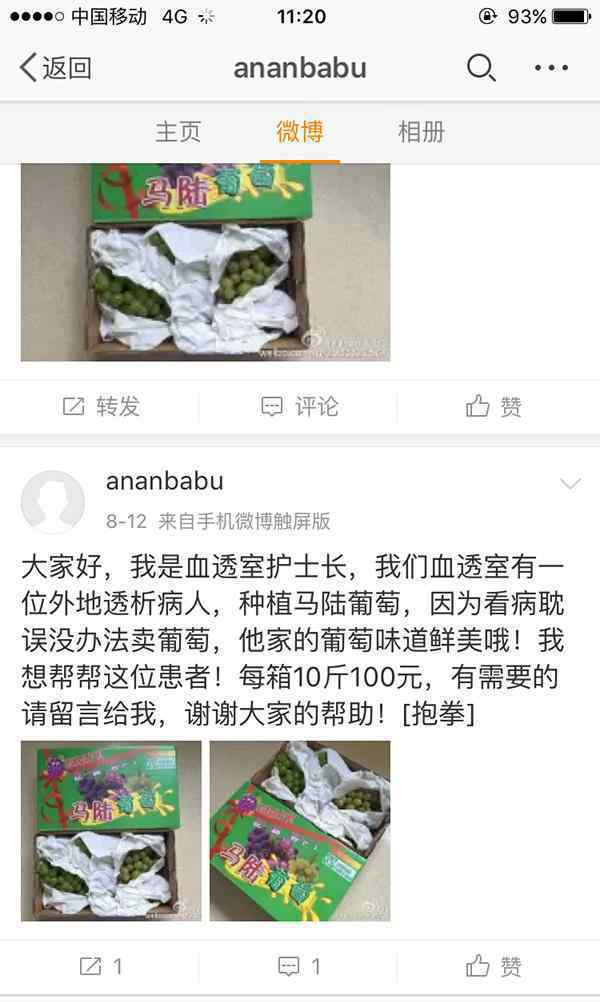 尿毒症患者种植马陆葡萄 面临滞销护士帮忙叫卖