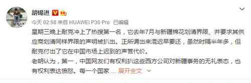 胡锡进：耐克付出了在中国市场上迟到的声誉代价 登上网络热搜了！