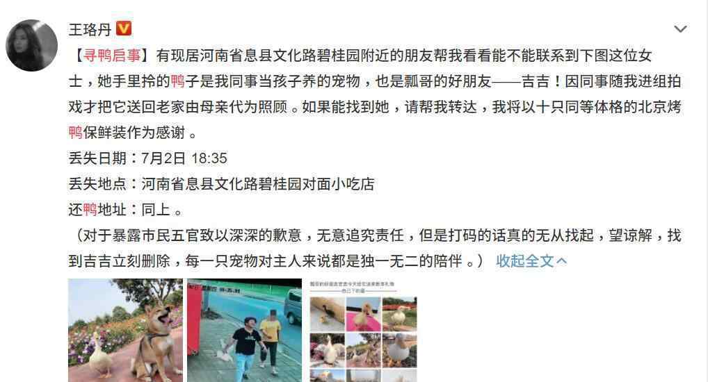 王珞丹发布寻鸭启事怎么回事？承诺以十只烤鸭作为感谢