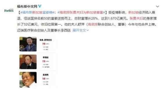福布斯发布新加坡最新富豪榜 海底捞张勇夫妇居榜首