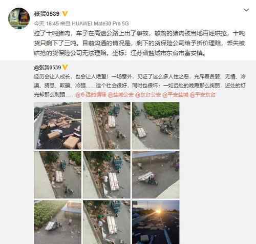 货主回应遇车祸7吨猪肉遭哄抢 货主损失近30万元