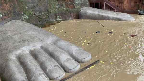 四川连日暴雨洪水上涨 乐山大佛首次现70年来罕见景象