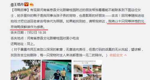王珞丹：吉吉已经不在这个世界了 宠物鸭找到时已一地鸭毛