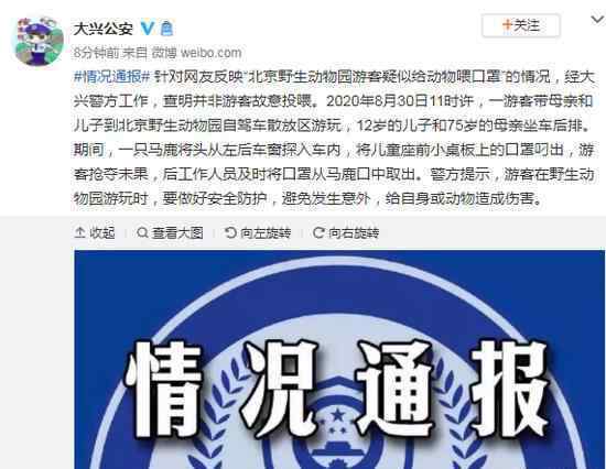 游客疑似给动物喂食口罩 警方通报