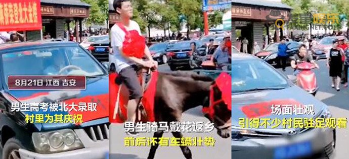 男生录取北大骑马戴红花返乡 男生录取北大骑马戴红花返乡 现场画面壮观他成为焦点