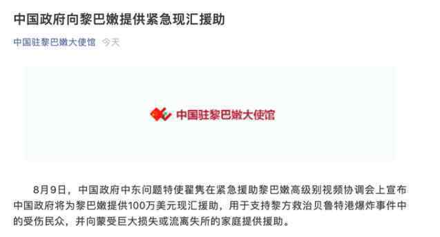 中国政府向黎巴嫩提供现汇援助 具体提供多少钱