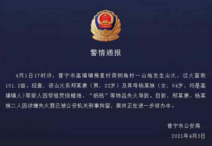 普宁一对母子祭祖引发山火 过火面积151.2亩！警方通报