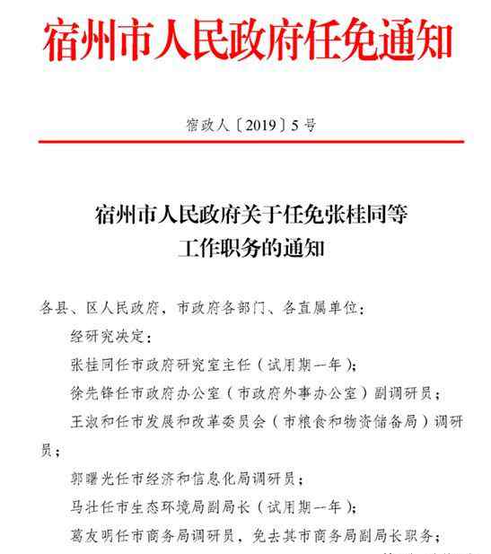宿州人民政府网 宿州市人民政府人事任免通知