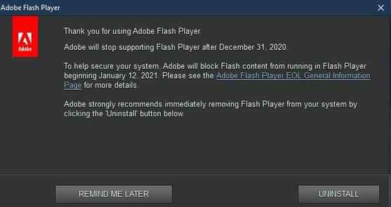 Windows10将永久删除FlashPlayer Flash Player将在2020年12月不再支持