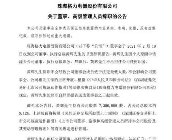 格力电器执行总裁黄辉辞职 究竟是怎么一回事?