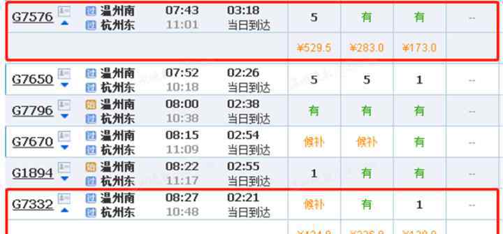 d3212 温杭动车多趟车次不同价，G7368次最省时，D3212次最省钱