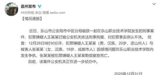 女大学生因感情纠纷被掐死 官方通报来了