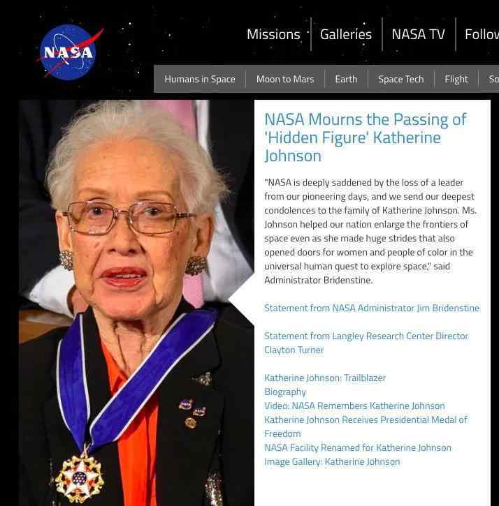凯瑟琳约翰逊 NASA天才女科学家逝世：撕掉非裔和女性的标签，她的人生比电影还传奇！
