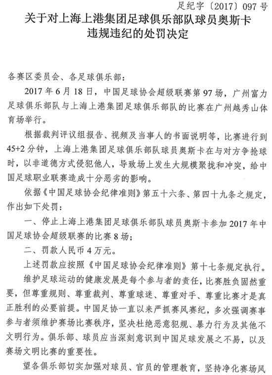 上海上港队球员奥斯卡被停赛8场并罚款4万元