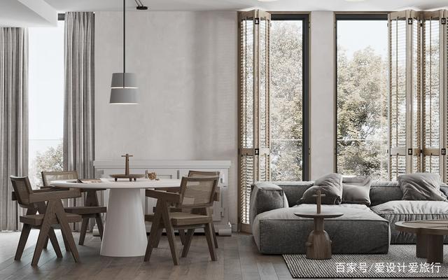 别致的开放式生活空间,灰色、白色和木质装饰