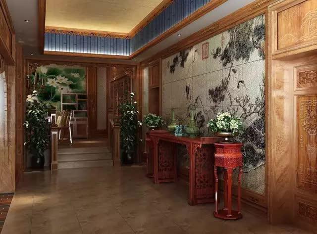 这才是大户人家,318㎡中式别墅,满屋红木装修,玄关太美了